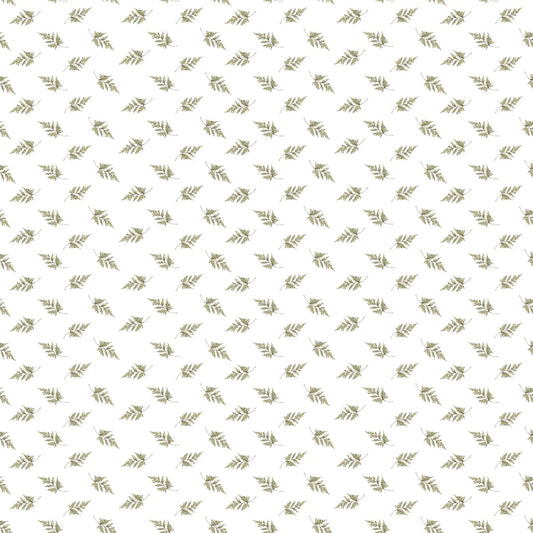 A fabric with a white background featuring a repeating pattern of black leaves. From Heavenly Hedgerow Figo Fabrics 100% cotton for sewing and crafting. 