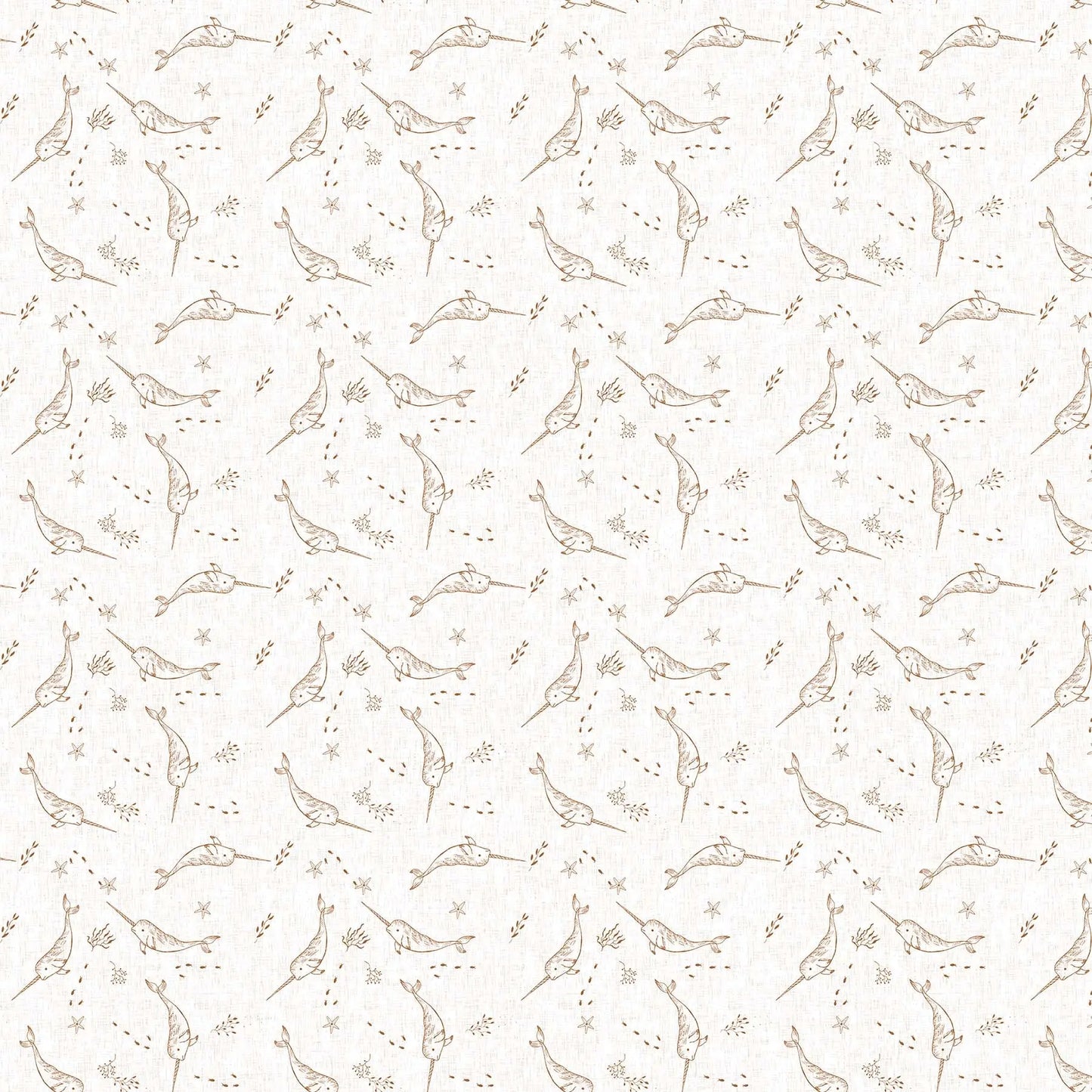 Fabric with a white background and narwal illustrations. From Calm Waters by FIGO Fabrics. 100% Cotton for quilting, sewing, and crafting.