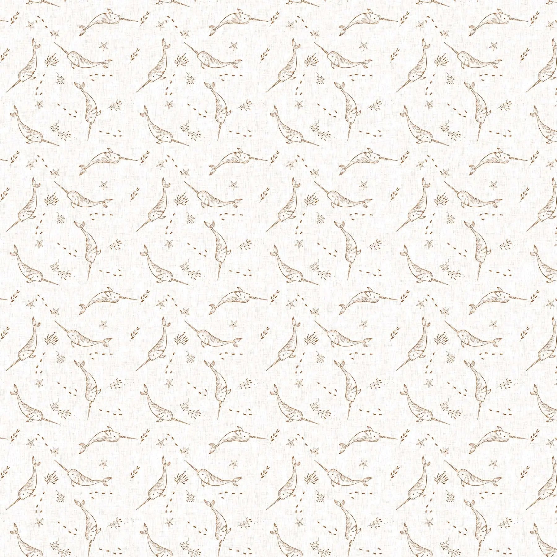Fabric with a white background and narwal illustrations. From Calm Waters by FIGO Fabrics. 100% Cotton for quilting, sewing, and crafting.