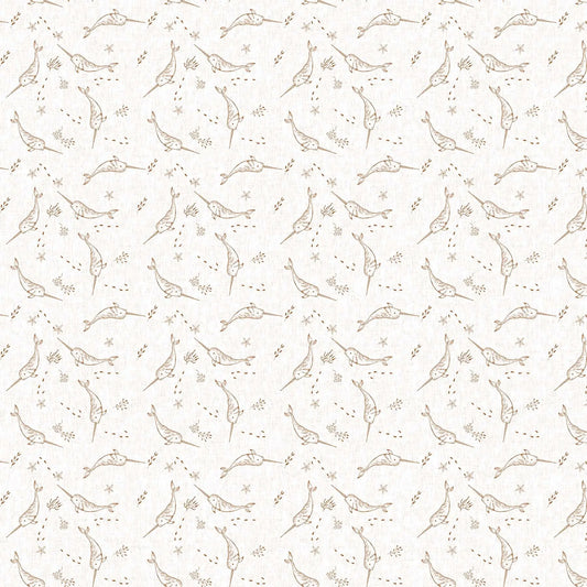 Fabric with a white background and narwal illustrations. From Calm Waters by FIGO Fabrics. 100% Cotton for quilting, sewing, and crafting.