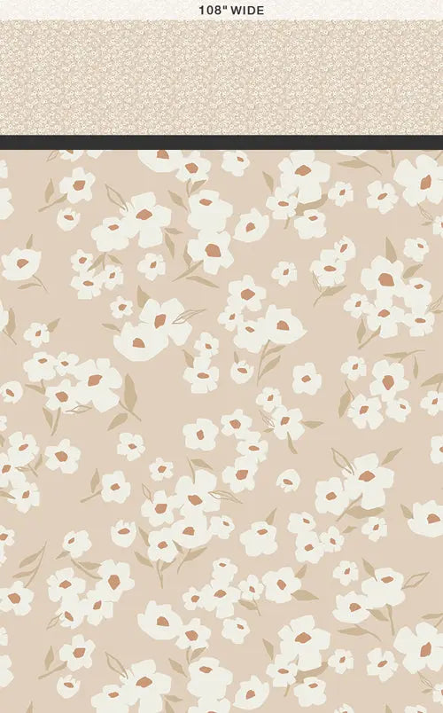 A fabric with a floral daisy pattern in beige and white colors. Wideback for quilting. 100% Cotton.
