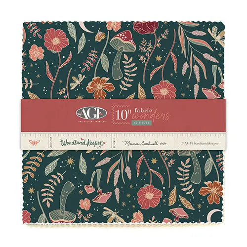 A bundle of layer cake fabric featuring a floral pattern with various colors on a dark background, labeled as 'Woodland Keeper' by Maureen Cracknell.  Bundle of 42 - 10" Squares. 100% Premium Cotton fabric for quilting and crafting sewing.